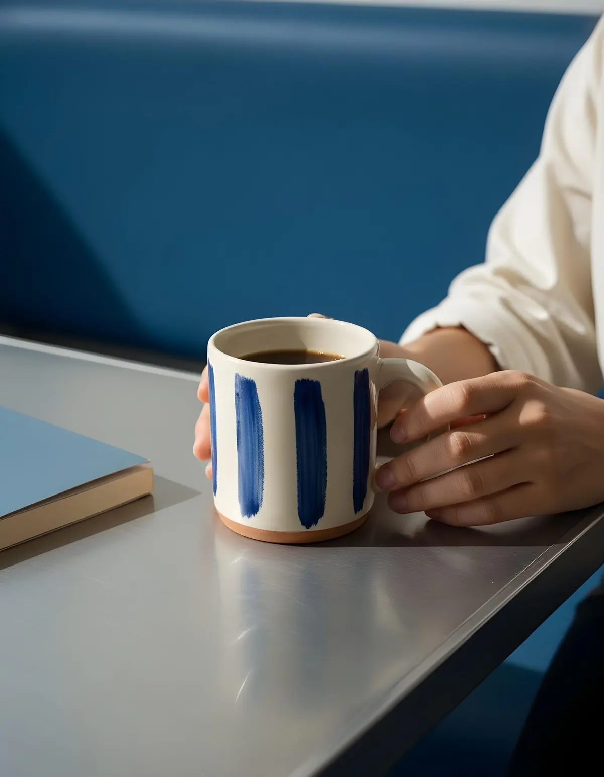 Caneca de cerâmica com pinceladas azuis numa mesa de café