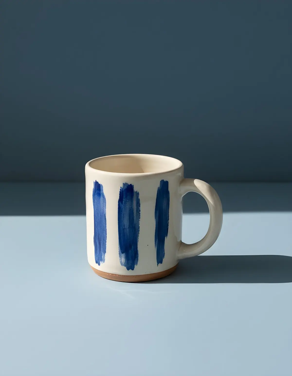 Caneca de cerâmica com pinceladas azuis em fundo azul de estúdio